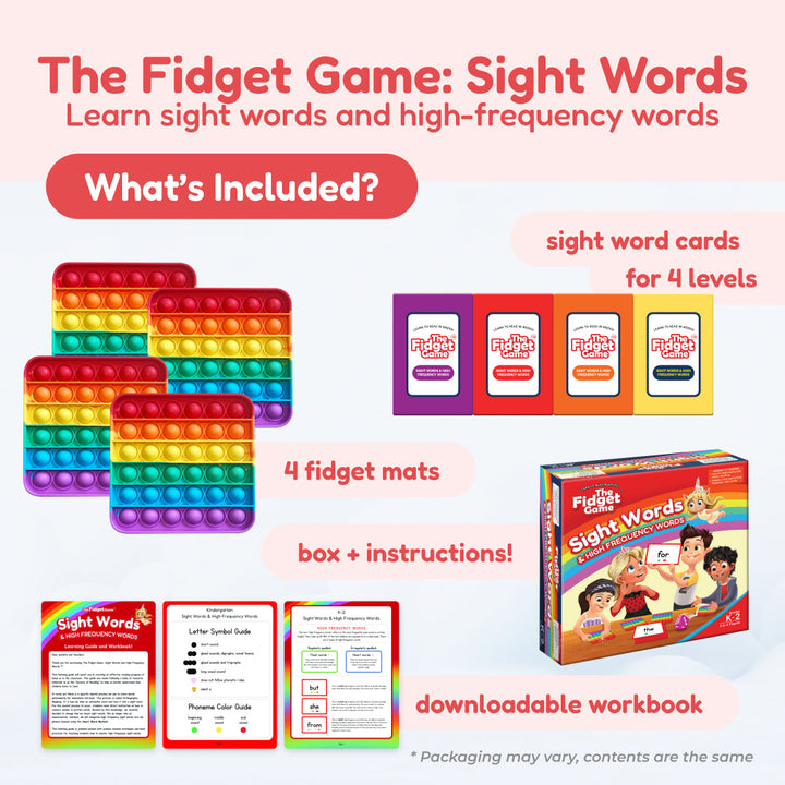 Fidget sight words game set with fidget mats, sight-word cards and instruction box