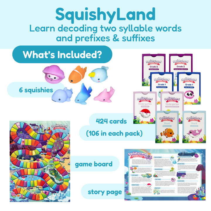 SquishyLand learning set with squishies, 424 cards, game board and story page