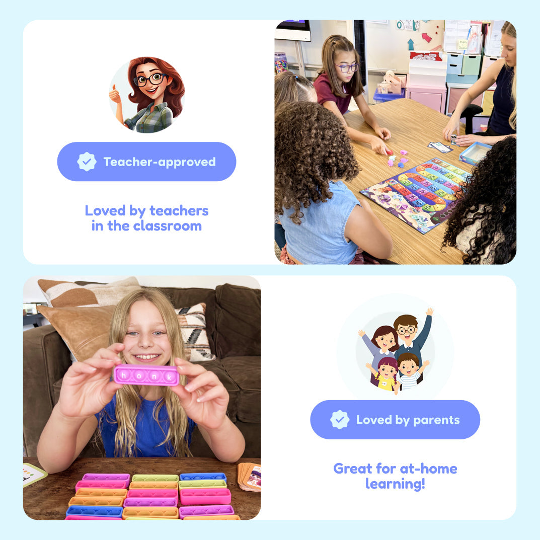 Kids using colorful learning cards; teacher-approved and loved by parents badges