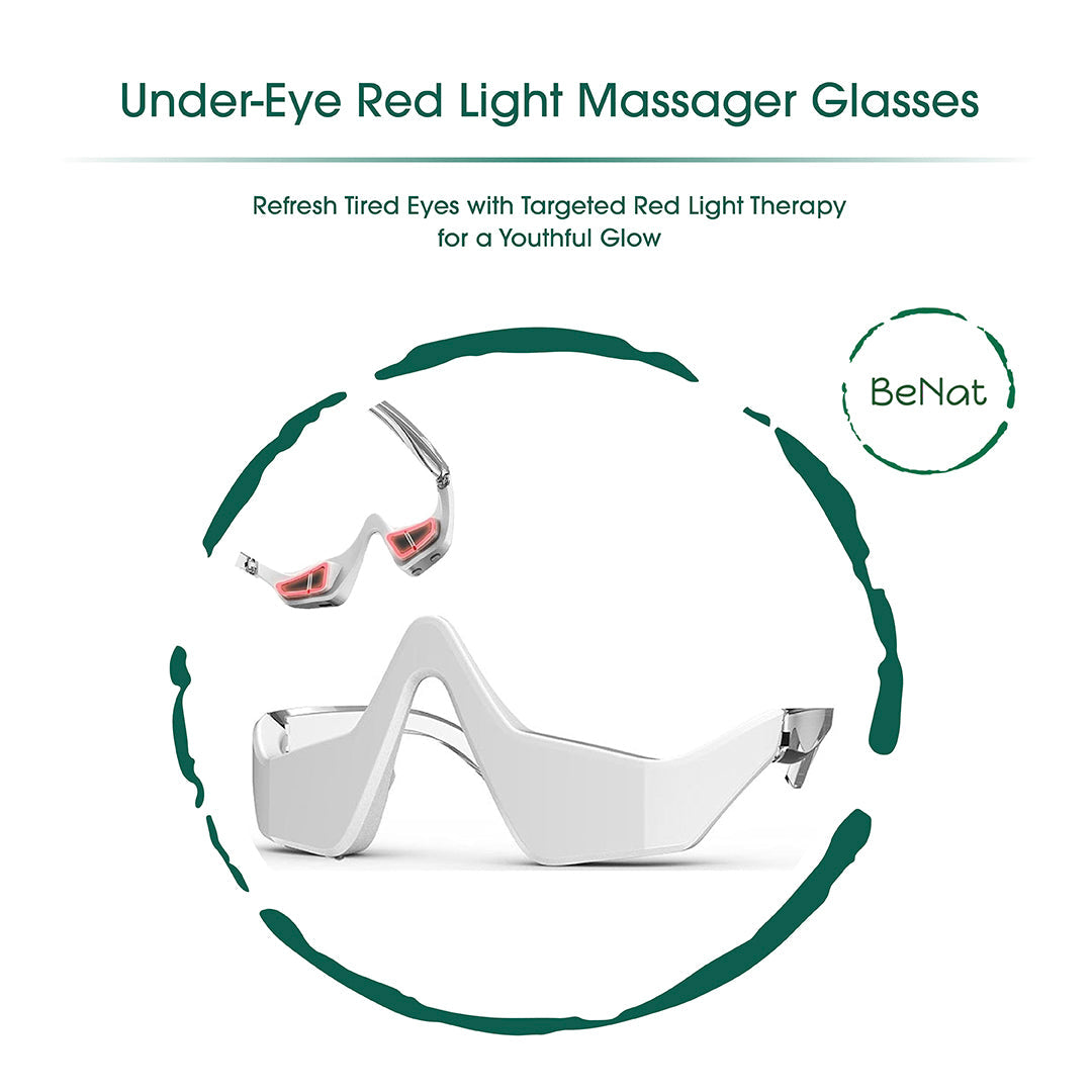 Under-eye red light massager glasses with compact white design and connectors
