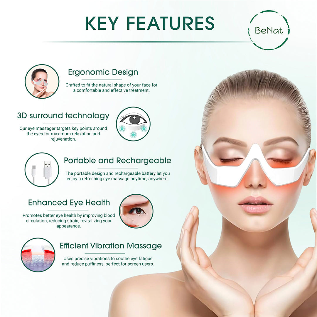 Under-eye massage glasses with white frame and two red-light eye panels