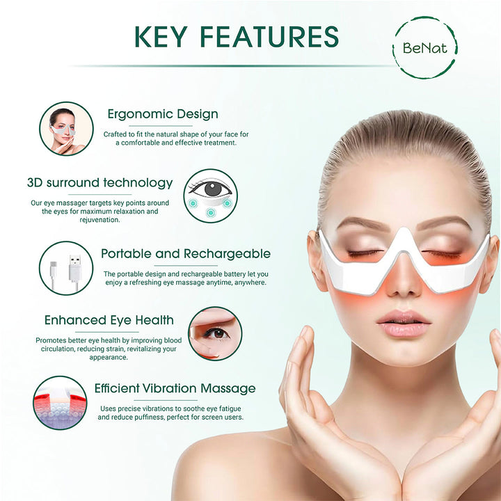 Under-eye massage glasses with white frame and two red-light eye panels