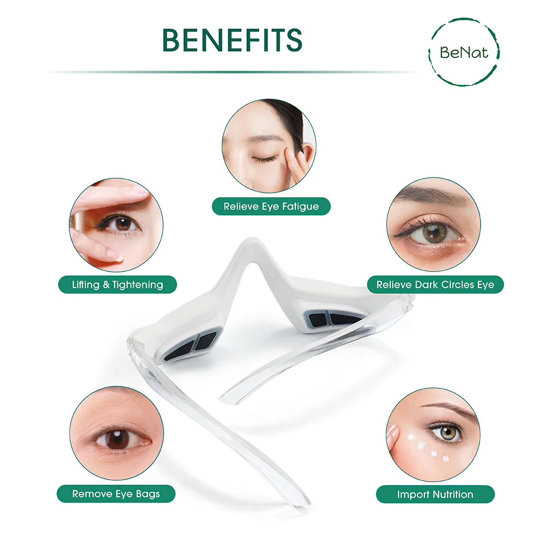 Under-eye red light massage glasses shown from front, white with side openings