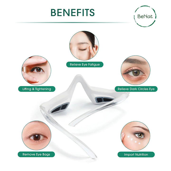 Under-eye red light massage glasses shown from front, white with side openings