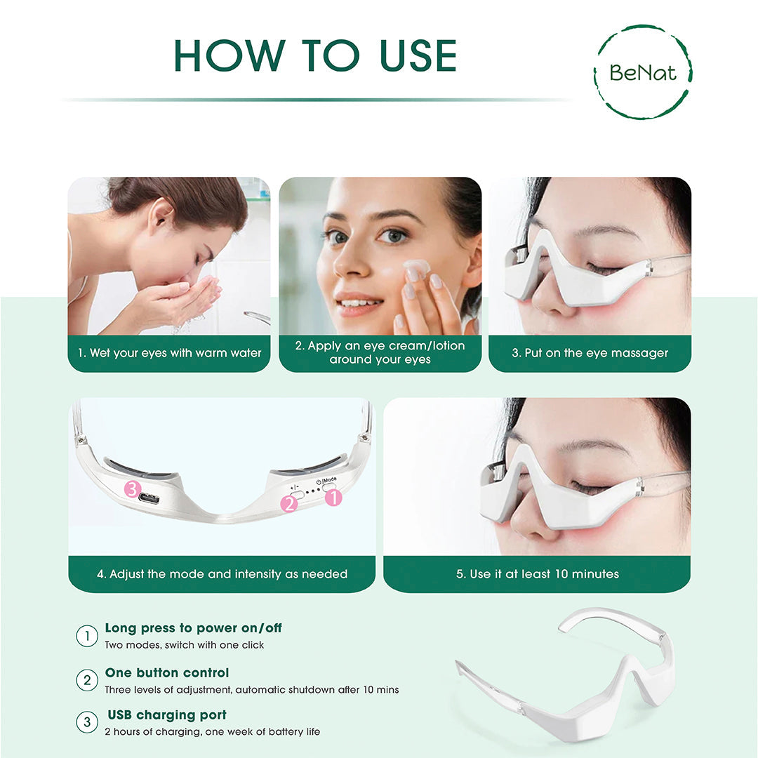 Under-eye massager glasses with adjustable fit and front light panels