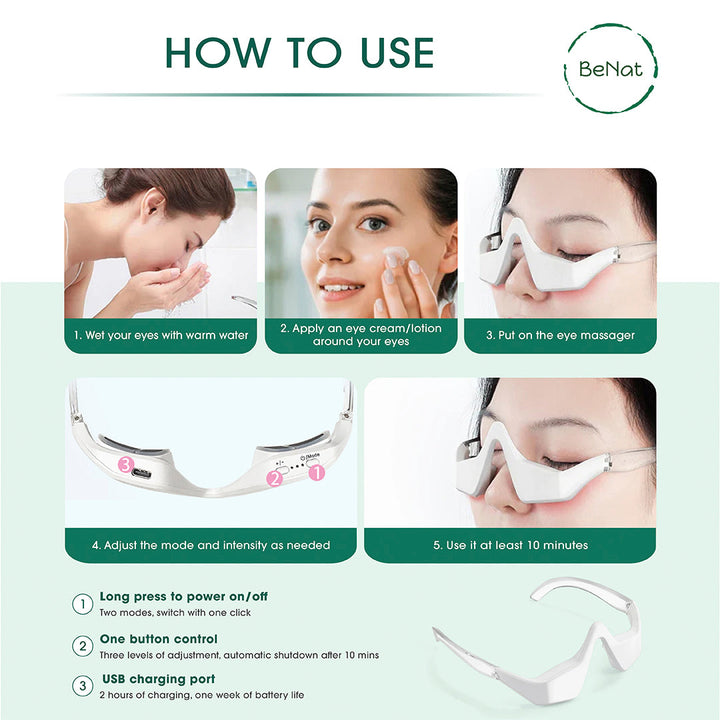 Under-eye massager glasses with adjustable fit and front light panels