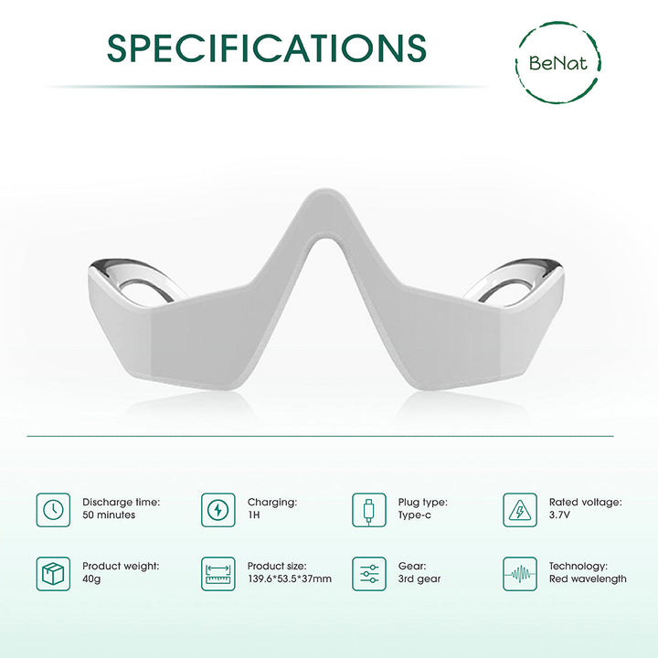 Under-eye massage glasses close-up front view, white frame with side electrodes