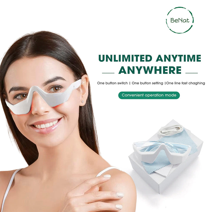 Under-eye red light therapy glasses with white frame worn on face