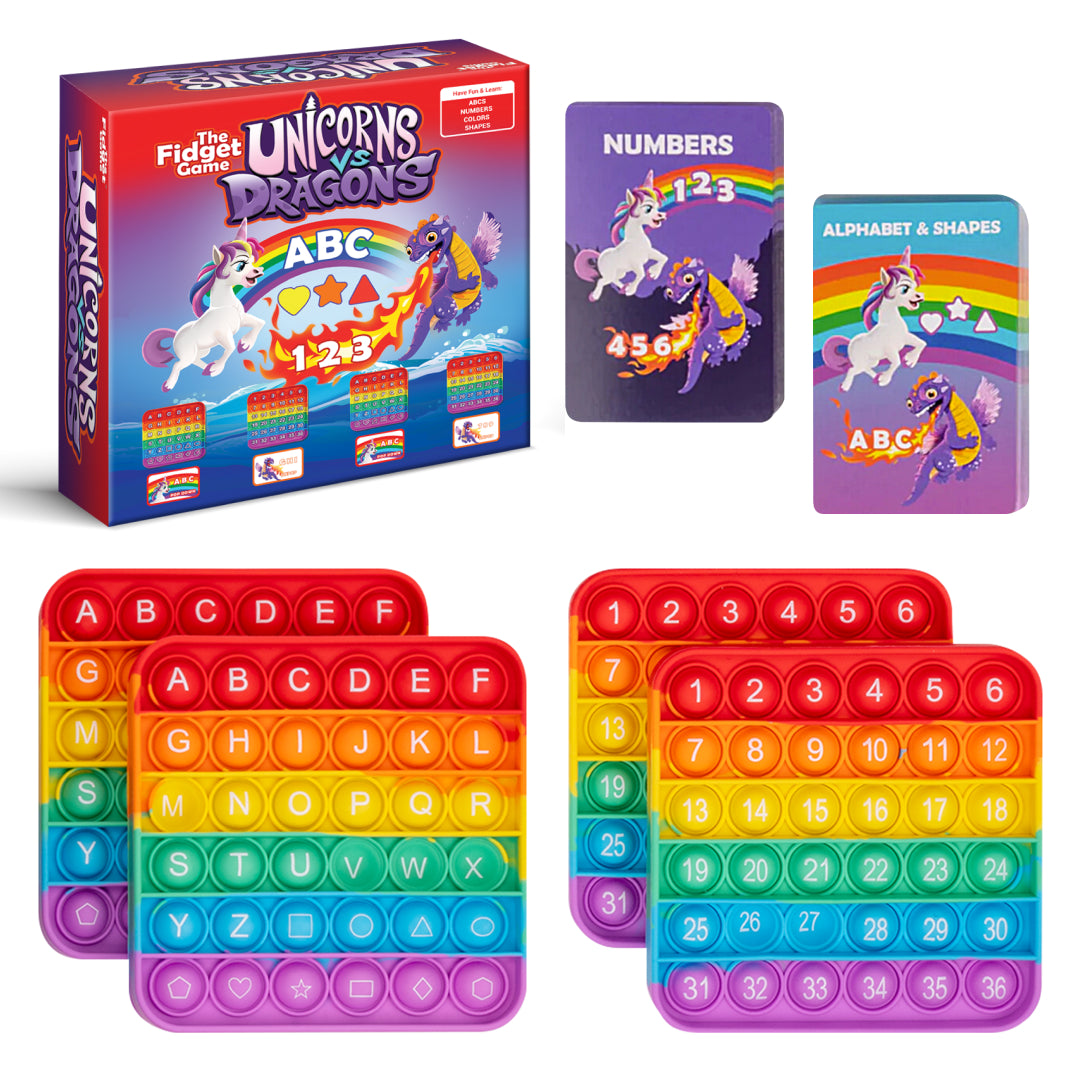 Unicorns and Dragons fidget game box with number and alphabet cards