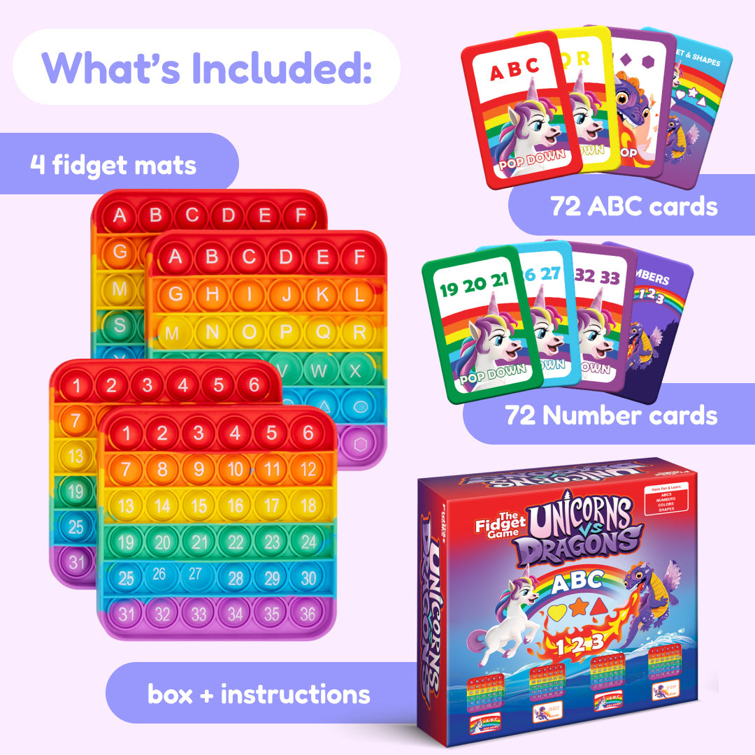 Unicorns and Dragons fidget mats set with alphabet and number card decks