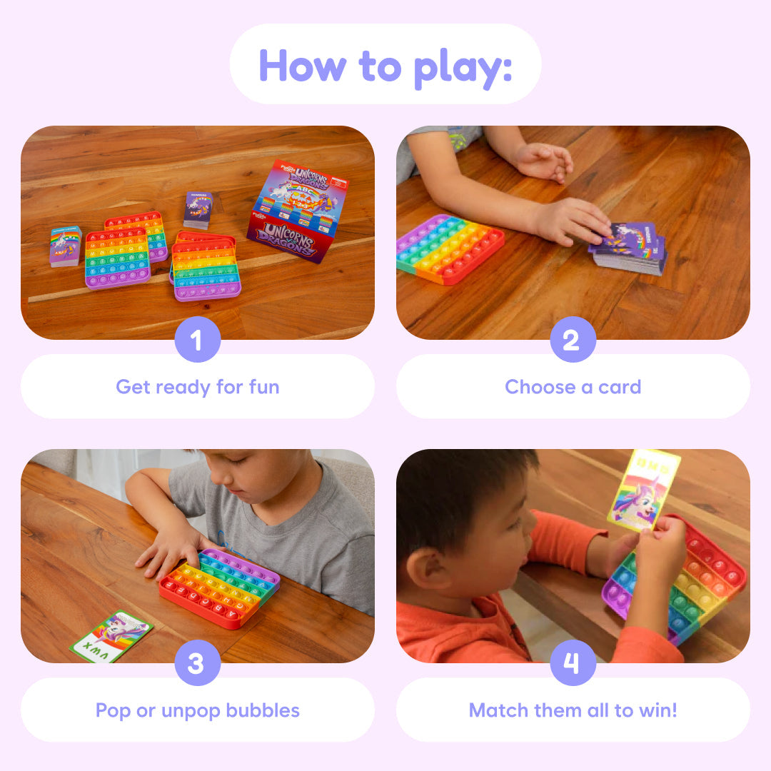 Unicorns and Dragons fidget game set with colorful pop bubble boards and cards