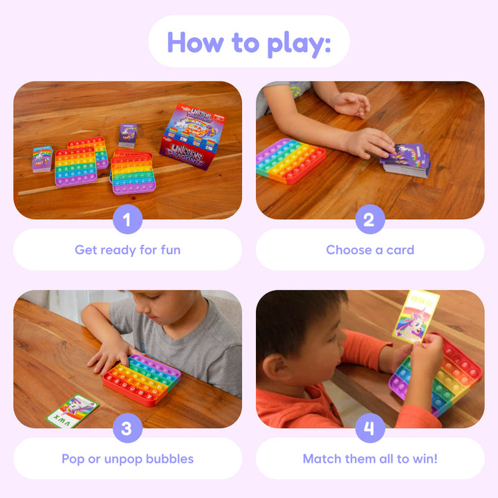 Unicorns and Dragons fidget game set with colorful pop bubble boards and cards