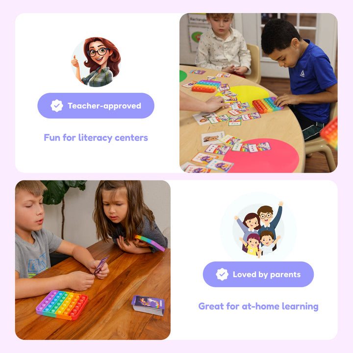 Unicorns and Dragons fidget game set with card packs for literacy play
