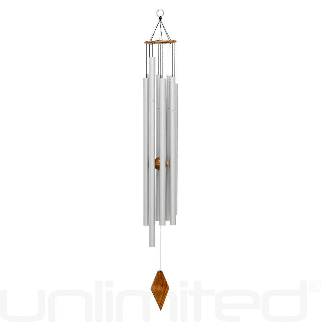 Fibonacci wind chime with silver-gray hanging tubes and a brown-orange diamond centerpiece