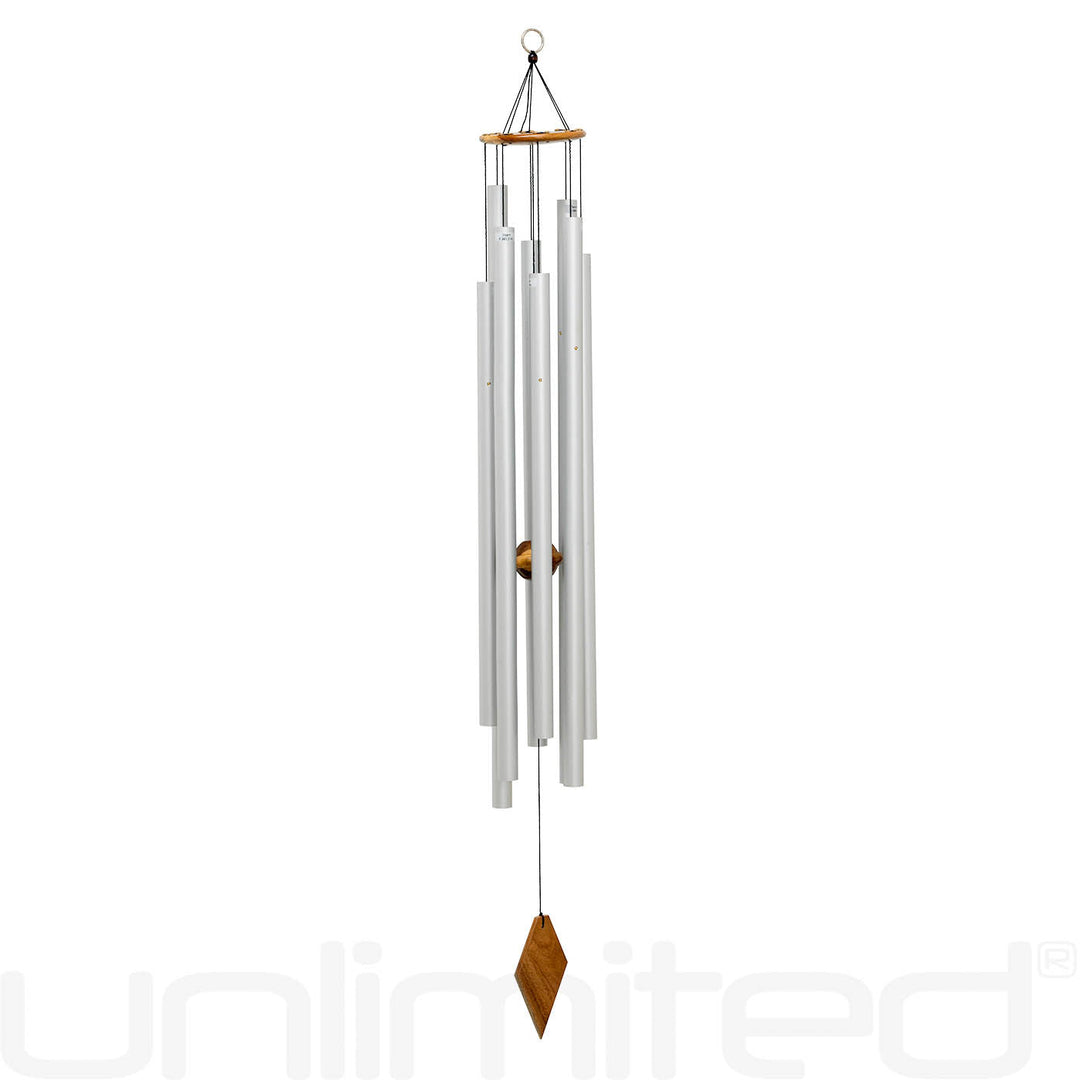 Harmonic wind chime with silver metal tubes and wooden diamond clapper