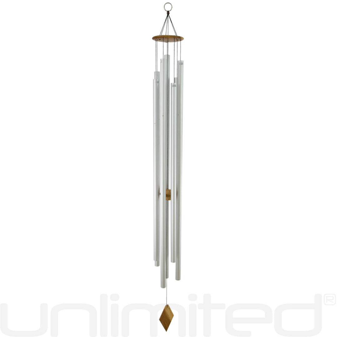 Silver metal wind chime with vertical rods and small hanging pendant detail
