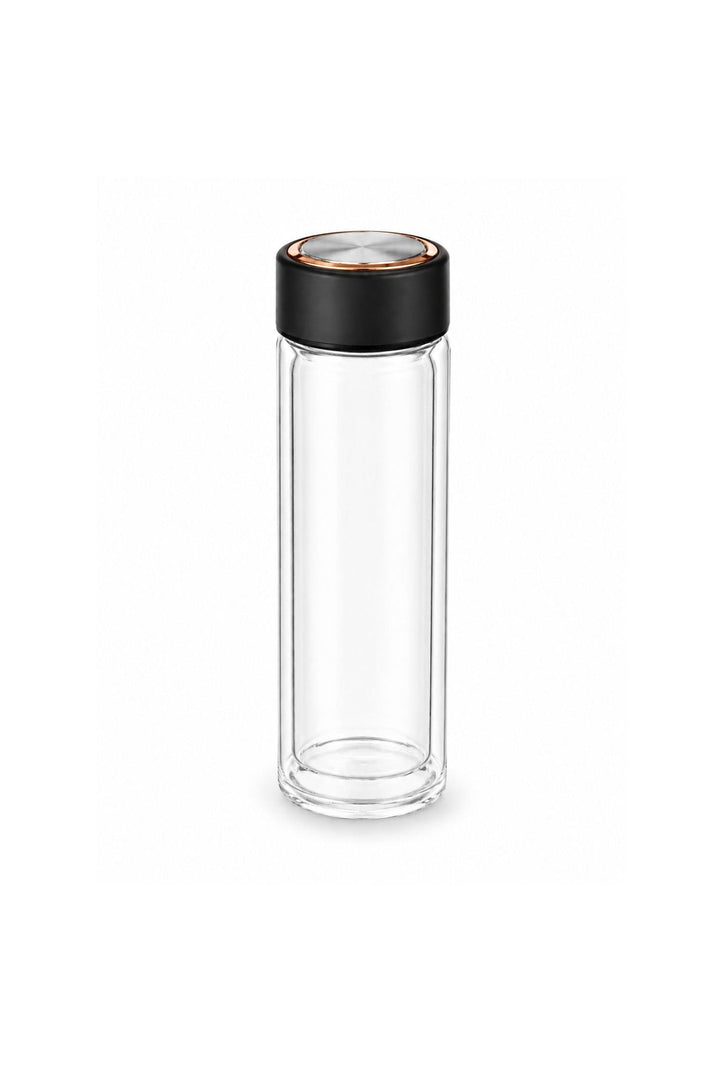 Double-walled tea infuser glass tumbler with black lid and gold-trim rim
