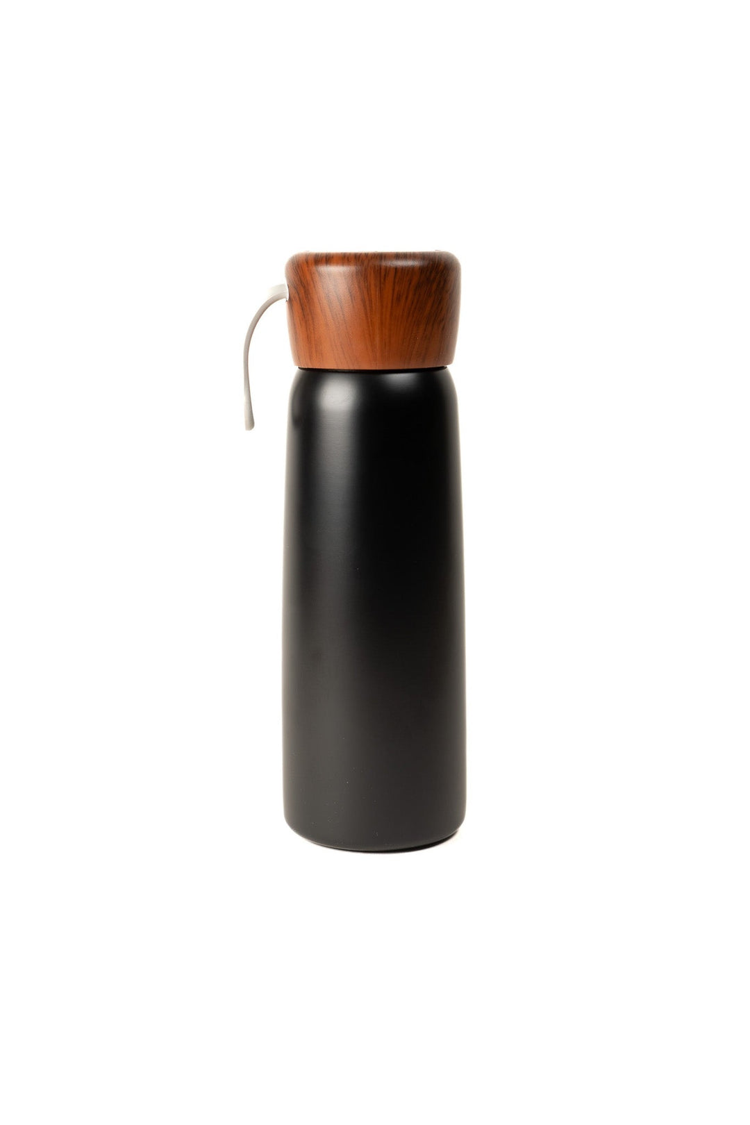 Black insulated tumbler with wooden lid and carry loop handle