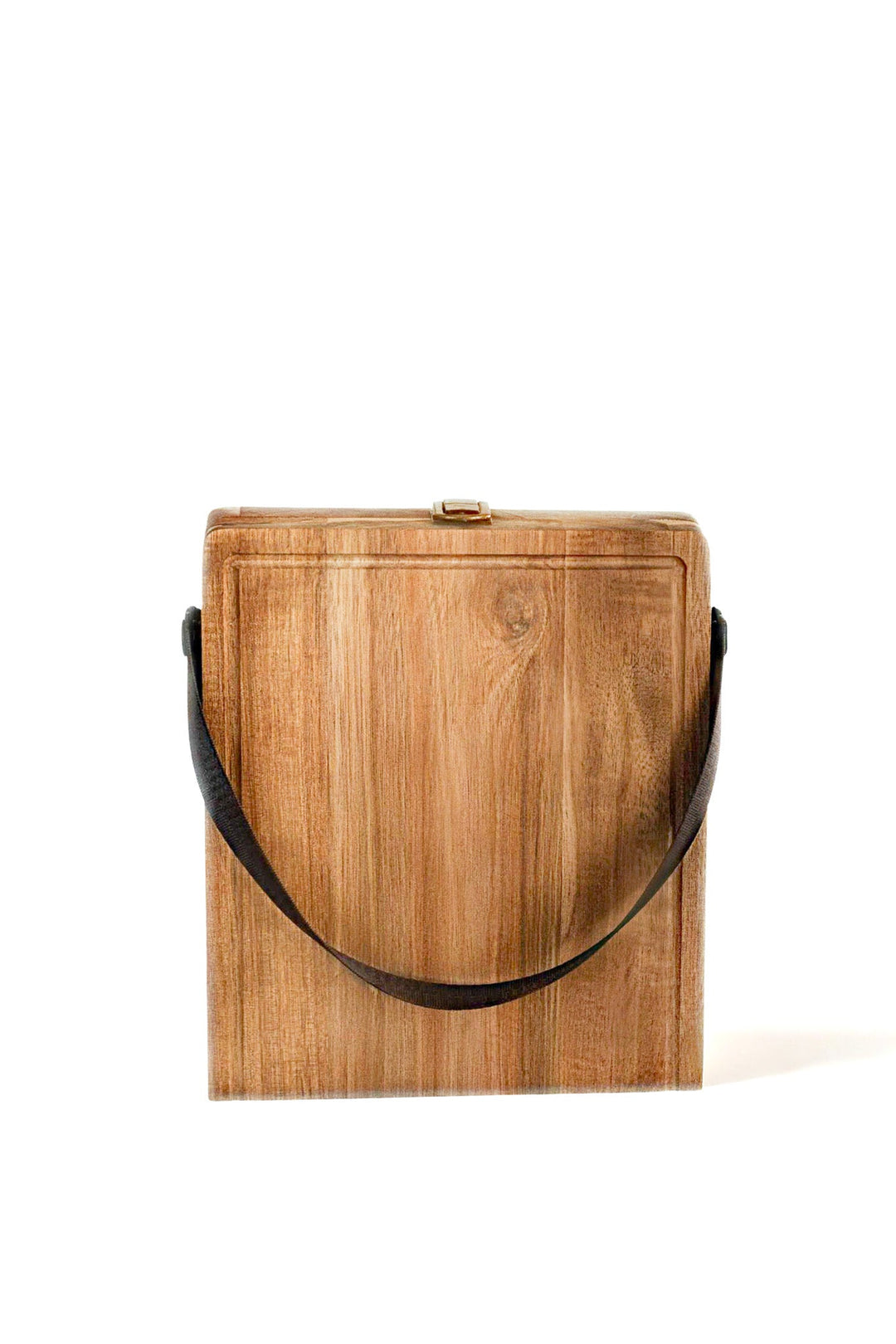 Folding wooden cheese board with dark webbing carry handle on front