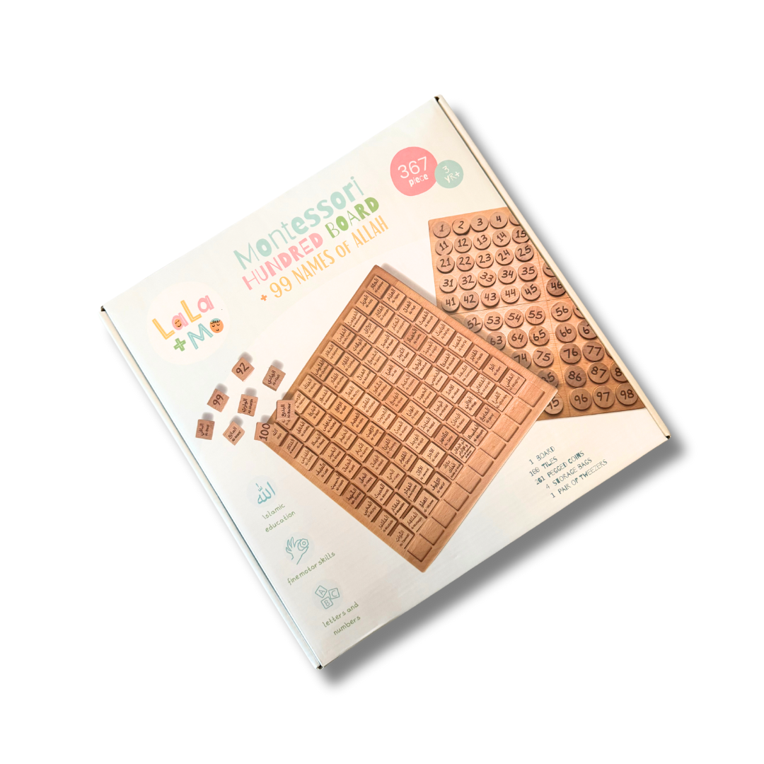 Montessori hundred board learning booklet with wooden board insert and printed key