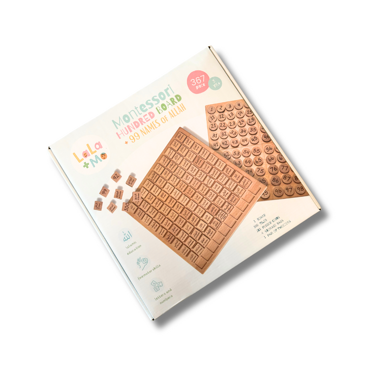 Montessori hundred board learning booklet with wooden board insert and printed key