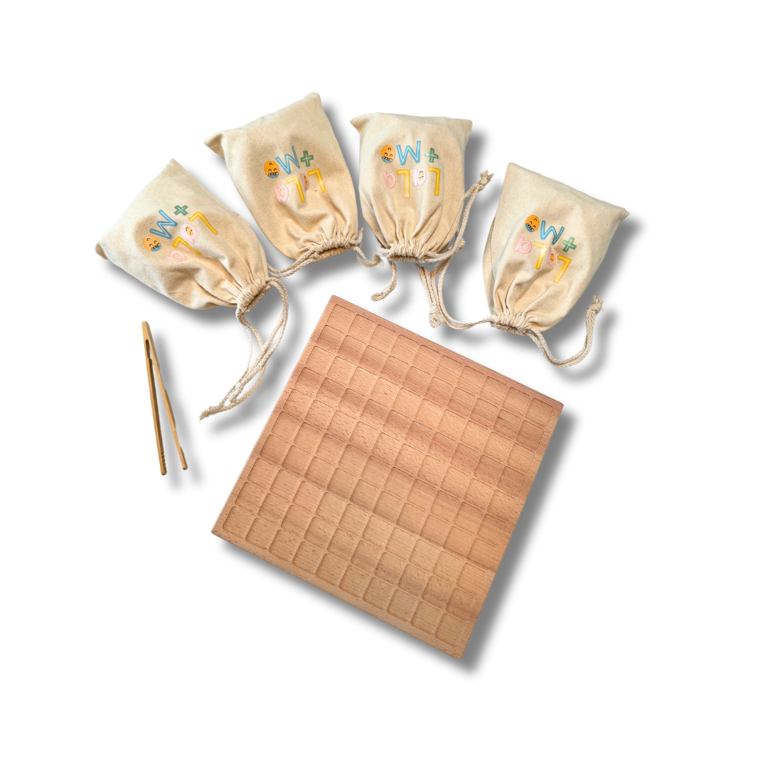 Wooden Montessori hundred board with four beige drawstring name bags and string