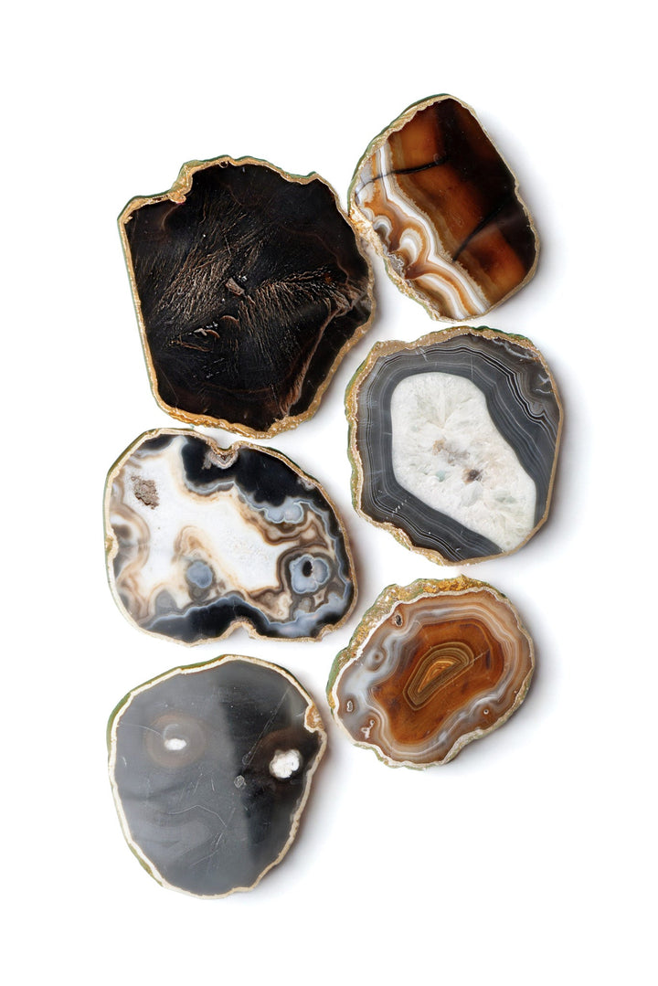 Gold-rimmed agate coasters with assorted dark tan stone slices and gold edges