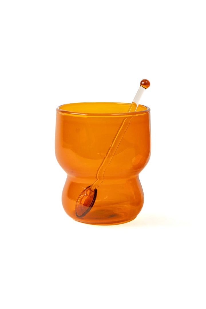 Amber orange double-tier bubble juice glass with small bubble stem