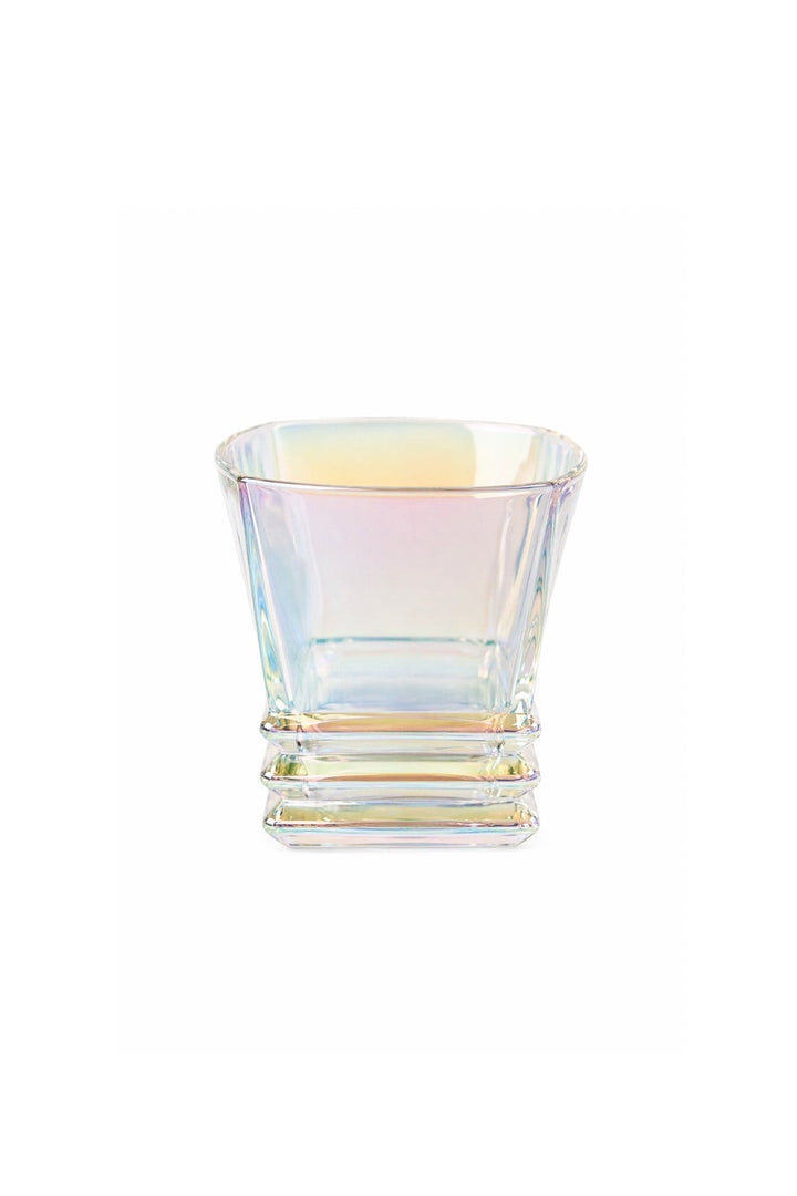 Iridescent lowball whiskey glass with faceted Art Deco style base and clear sides