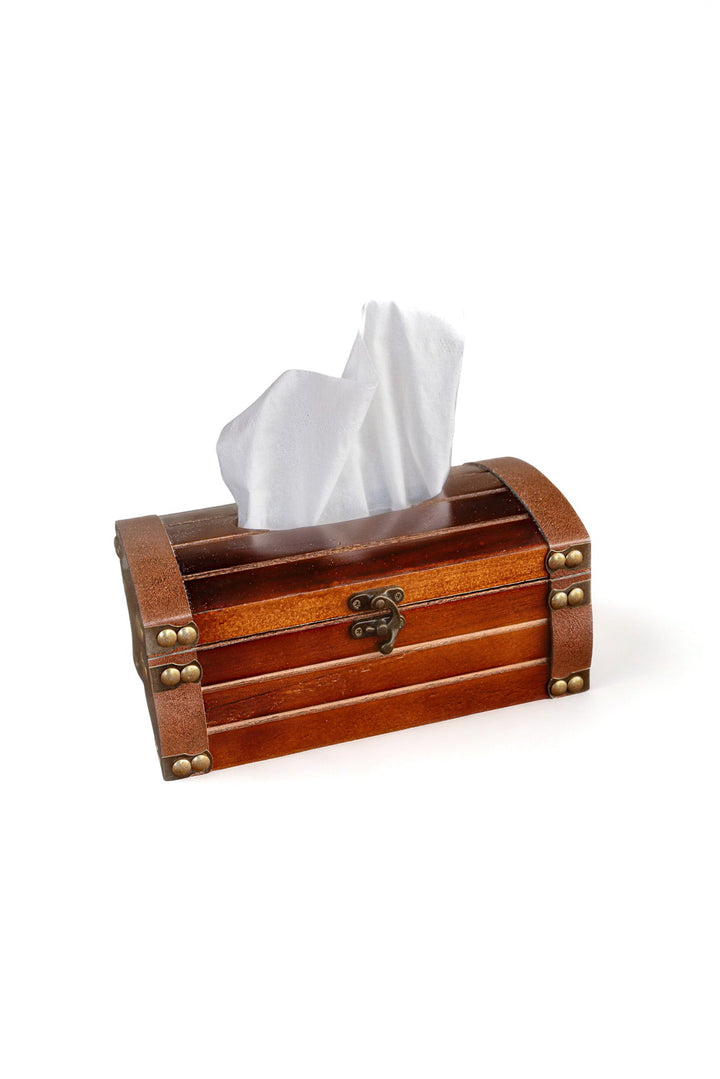 Cherry wooden tissue box with bronze corner studs and hinged lid, white tissues inside