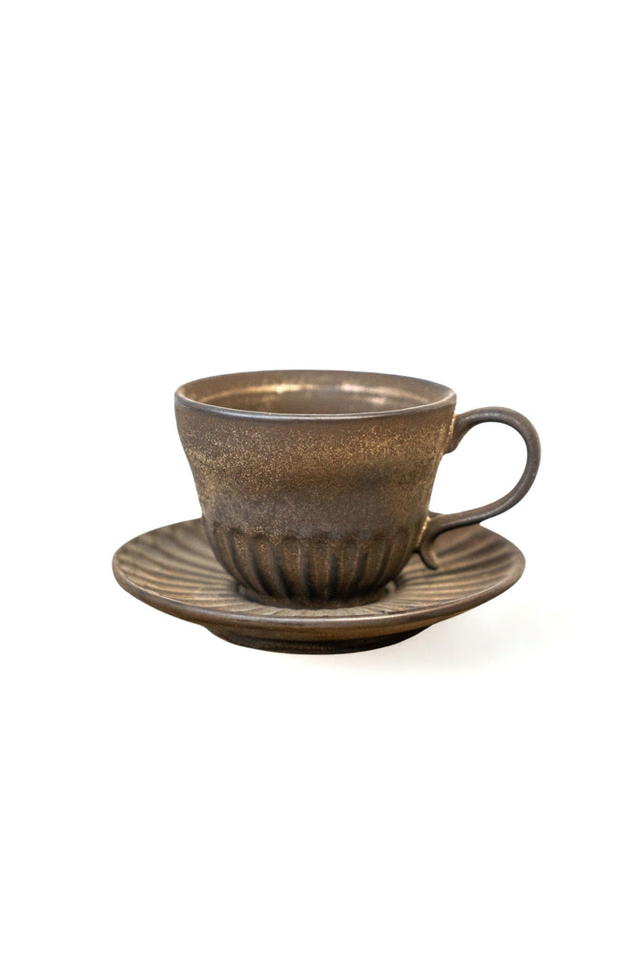 Rustic espresso cup and saucer set in dark brown speckled glaze with handle