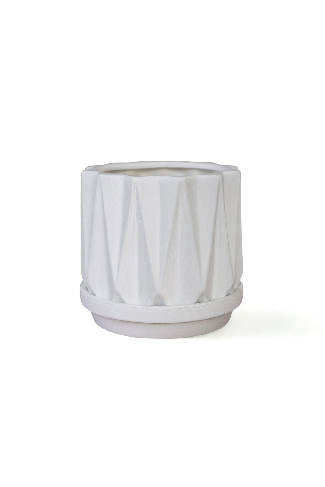 White geometric abstract planter with ridged sides and matching saucer holder