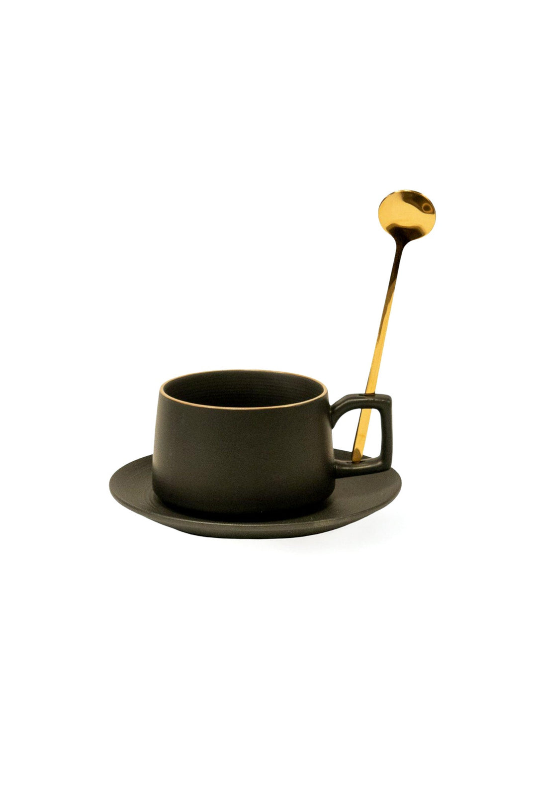 Matte black bistro mug with matching saucer and gold spoon