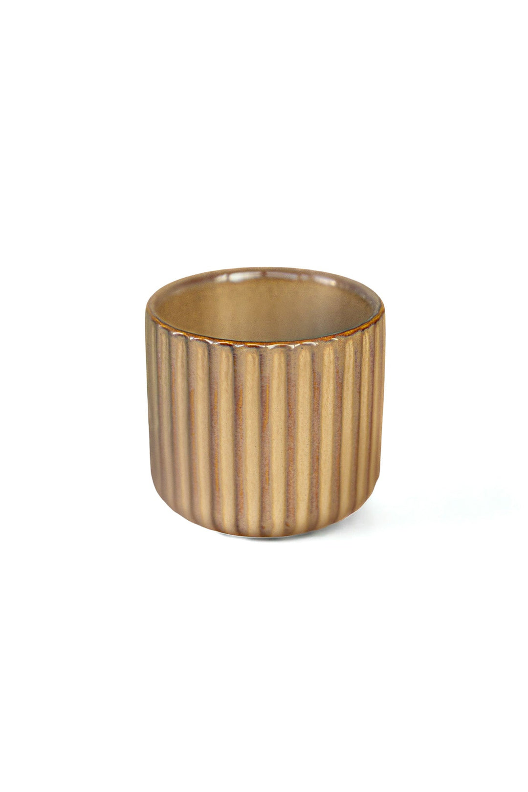 Orange-brown ribbed ceramic planter with glossy glaze and rounded rim