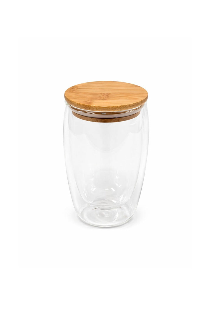 Double-walled glass mug with bamboo lid and rubber sealing ring, clear glass cup.