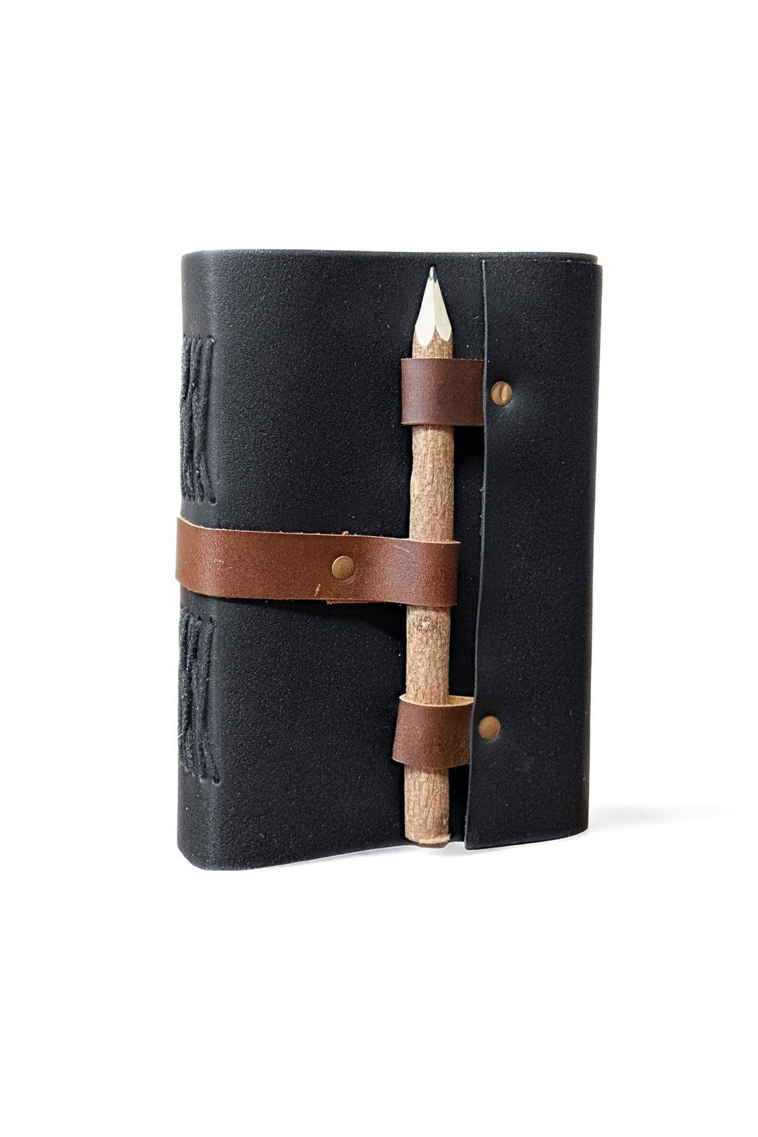 Black leather journal with attached wooden pencil in a wrap strap holder