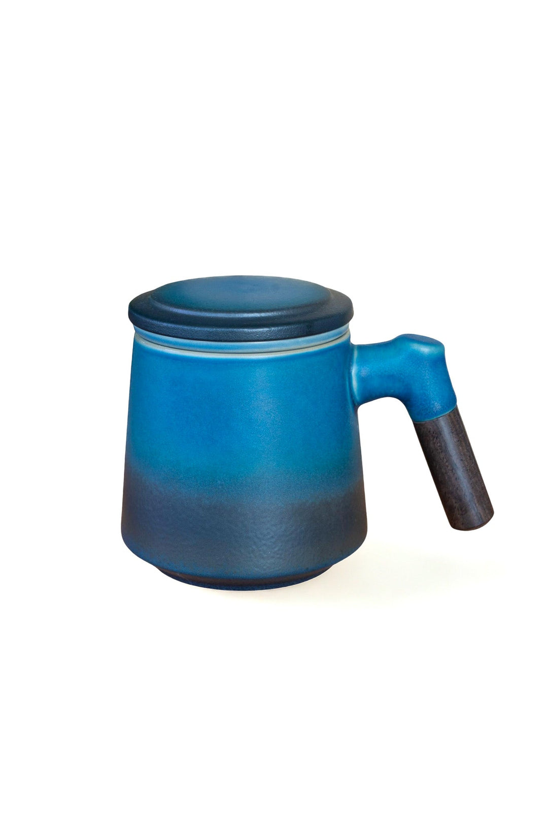 Blue ceramic short tea steeping mug with side handle and lid