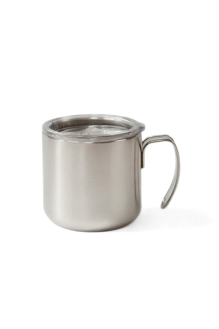 Double-walled stainless steel mug with clear lid and curved handle, silver tone.