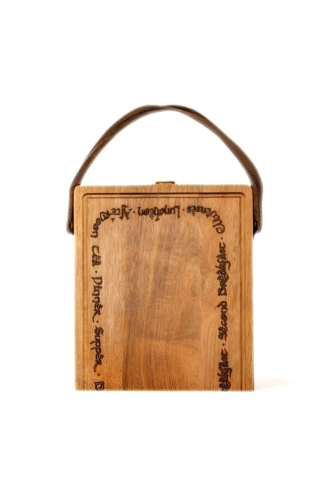 Acacia wood folding cutting board with leather carry handle and engraved front panel