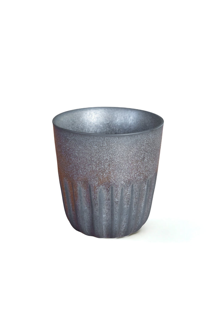 Textured bronze mug with fluted vertical sides and round rim