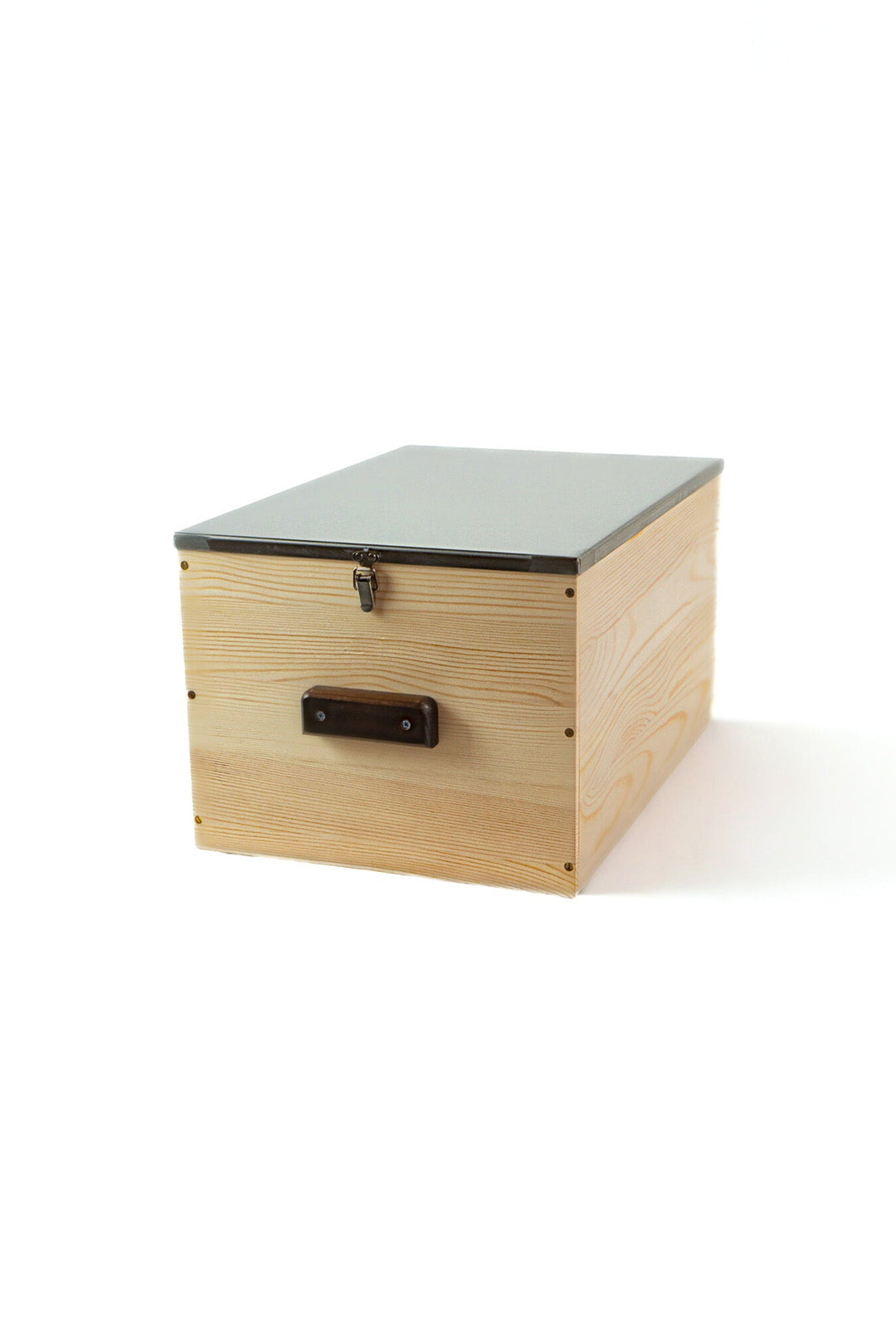 Light wood storage banker's box with latching stainless steel lid