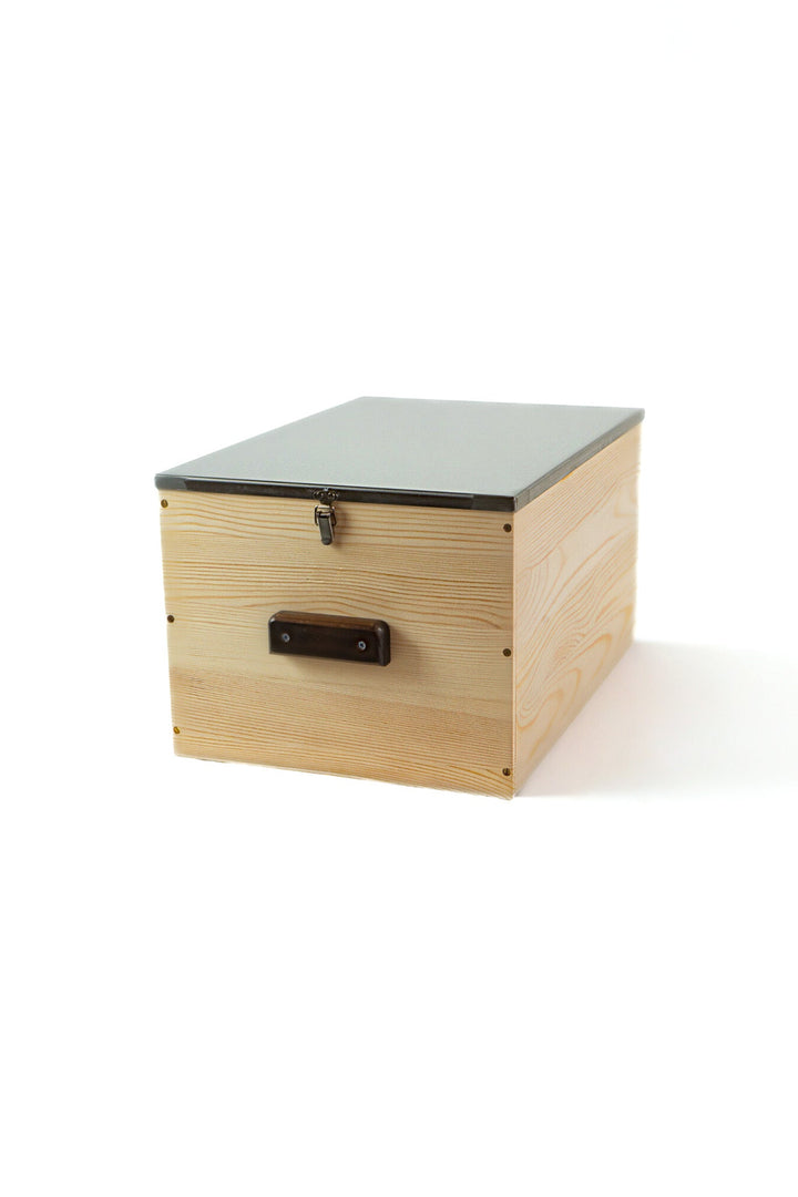 Light wood storage banker's box with latching stainless steel lid