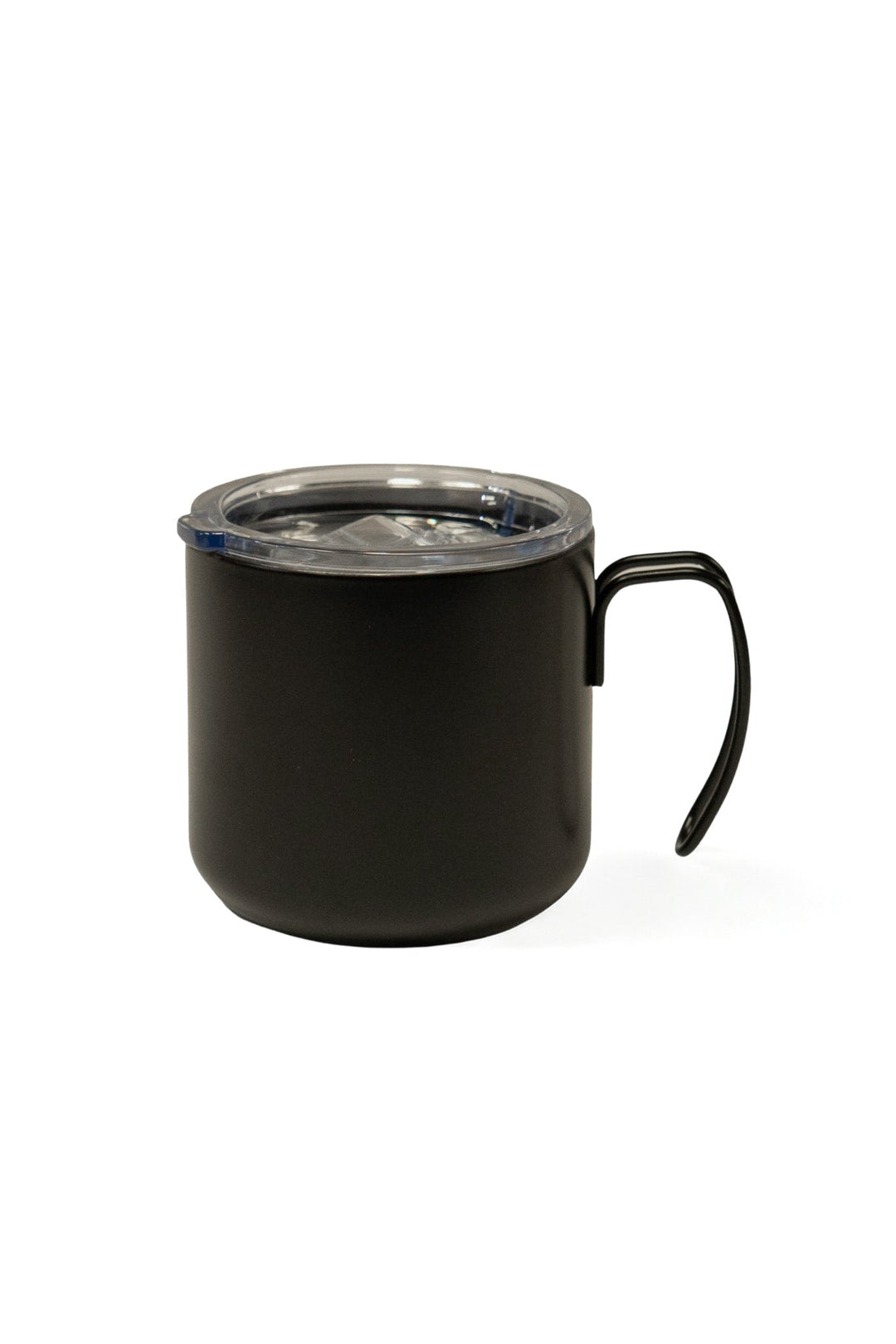 Black double-walled stainless steel mug with clear lid and curved handle