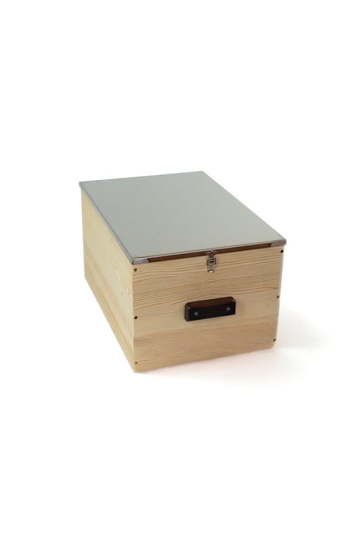 Light wood storage banker's box with latching stainless steel lid, angled view