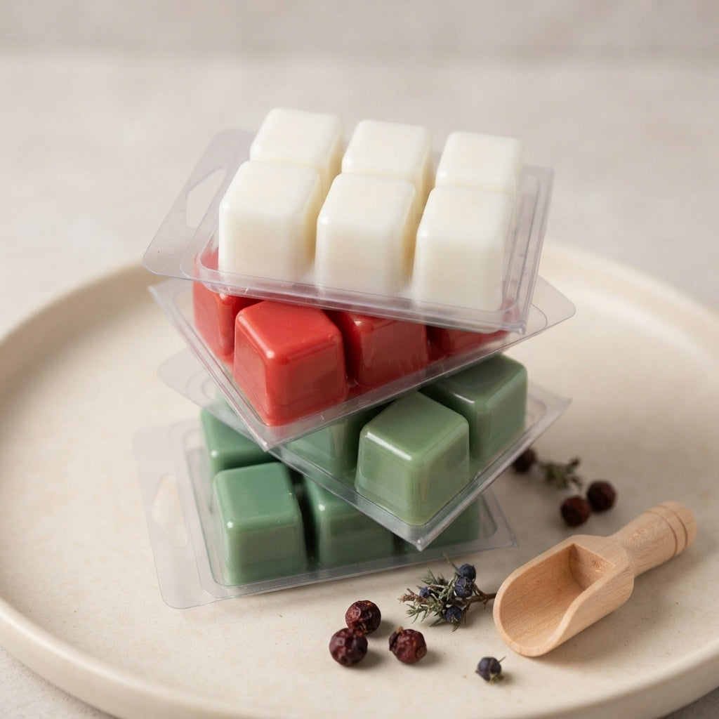 White wax melt cubes in clear clamshell, arranged in 3x3 grid