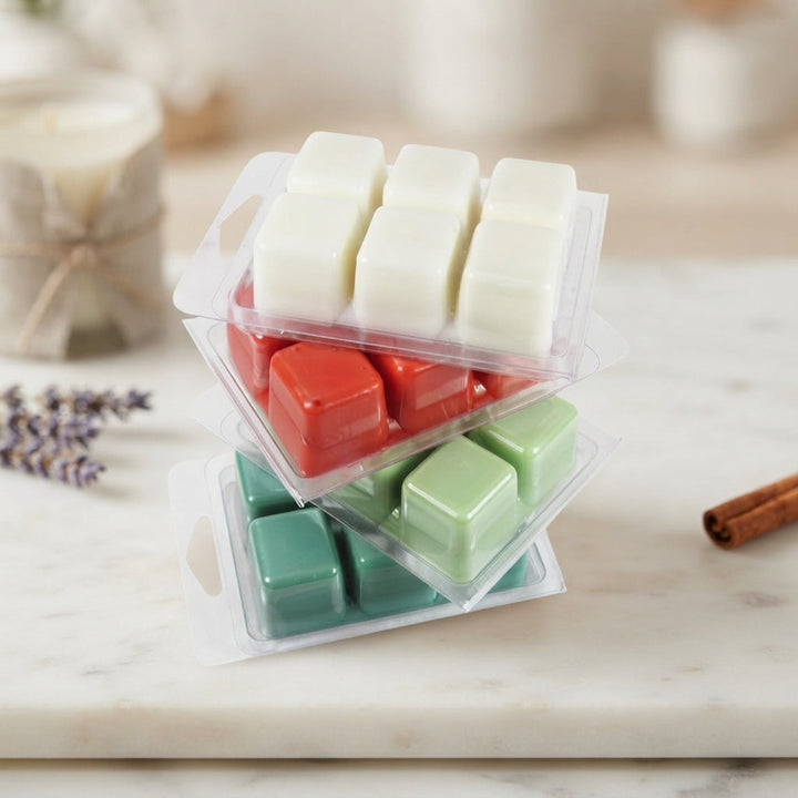 Seasonal wax melt squares in clear clamshell, red, green, and white cubes