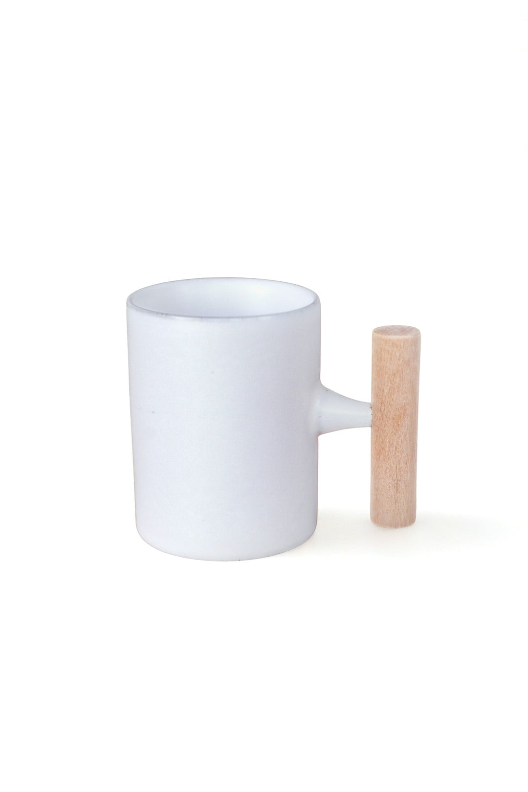 White glazed ceramic mug with light wood handle