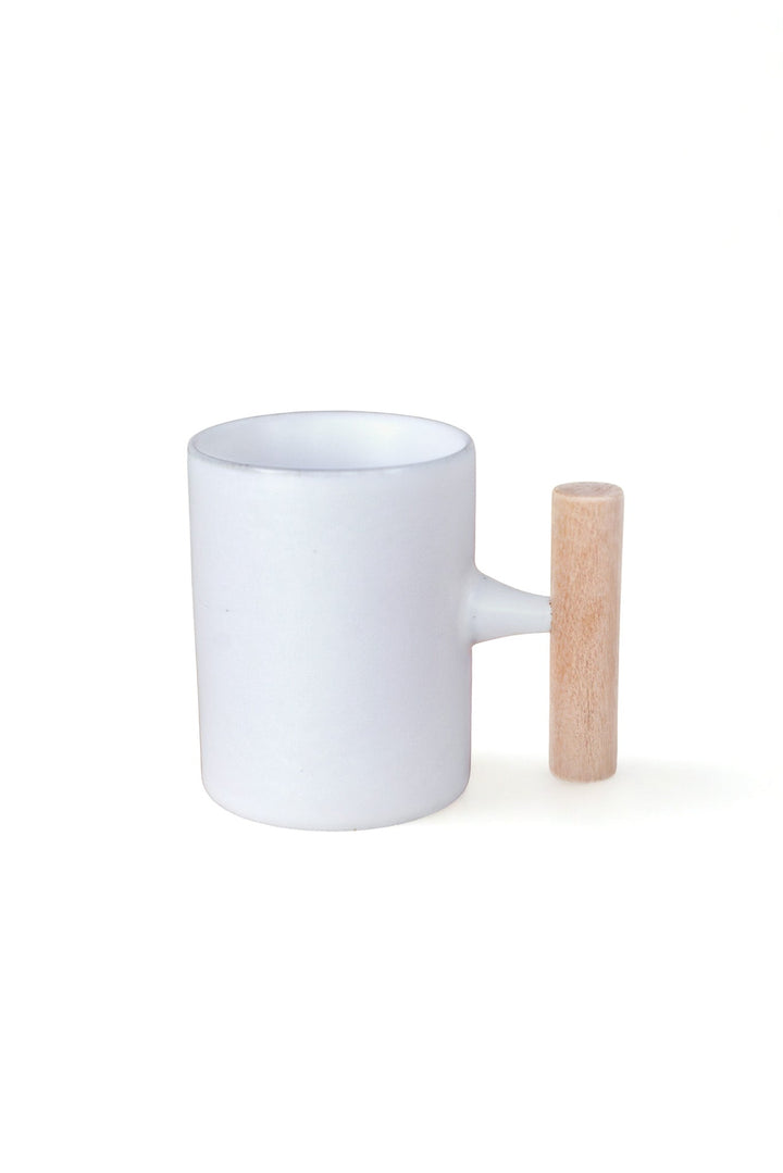 White glazed ceramic mug with light wood handle