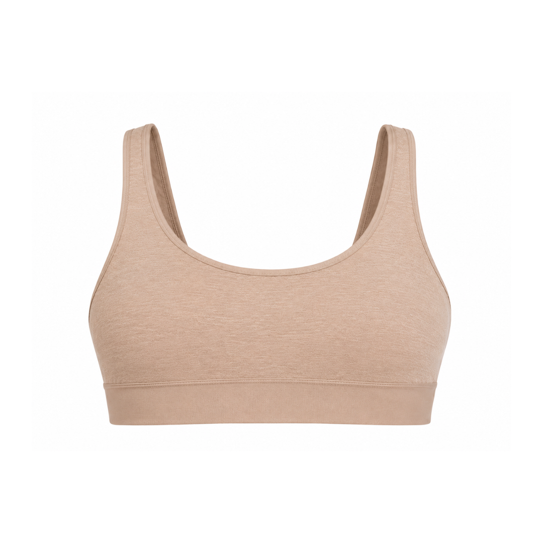 Mocha racerback bralette with scoop neckline and wide underband, flat lay