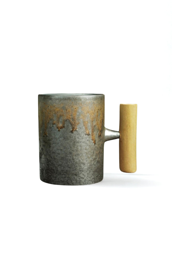 Glazed ceramic mug with wooden handle, iron bronze speckled finish